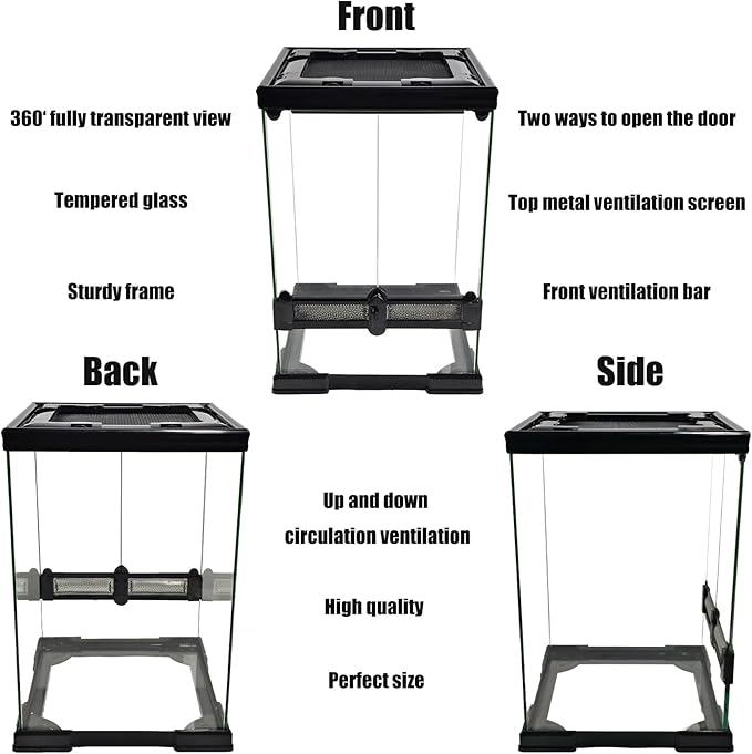 10 Gallon Reptile Glass Tank 12"x12"x18", Full Vision Reptile Terrarium, Vertical Reptile enclosure with Deep Base & Top Screen Ventilation, Suitable for Reptiles and Amphibians