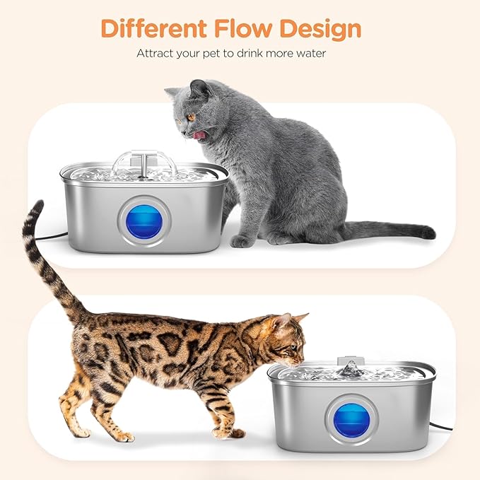 Cat Water Fountain Stainless Steel: 108oz/3.2L Automatic Pet Water Fountain - Dog Water Dispenser with Water Level Window - for Cats Inside with 8 Replacement Filters