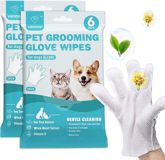 Extra Thick Pet Bathing Wipes for Dogs & Cats, Cleaning & Deodorizing Grooming Gloves, Nourish Fur Glove Wipes for Daily Care and Traveling, Rinse Free, Unscented, 2 Pack, 12 PCS