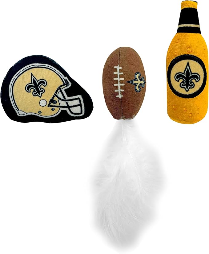 BEST PLUSH CAT TOY: NFL NEW ORLEANS SAINTS Complete Set of 3 piece Cat Toys filled with Fresh Catnip. Includes: 1 Helmet Cat Toy, 1 Football Cat Toy with Feathers & 1 Beer Bottle. Beautiful Team LOGOS