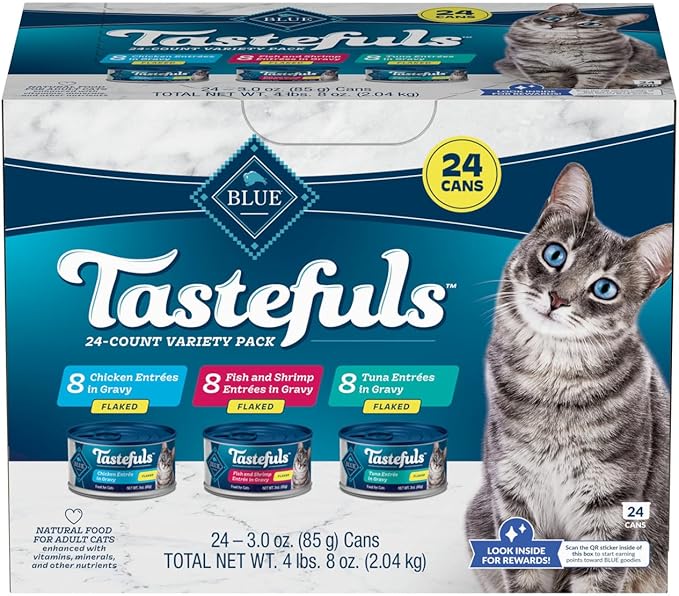 Blue Buffalo Tastefuls Natural Flaked Wet Cat Food Variety Pack, Tuna, Chicken and Fish & Shrimp Entrées in Gravy 3-oz Cans (24 Count)