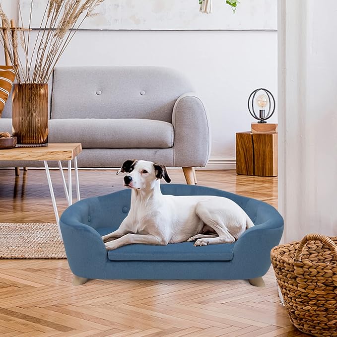 SHAVI Large Dog Couch, 35" Wide Pet Sofa for Large and Medium Dogs with Removable Mattress Cover, Luxury Raised Dog Couch Velvet Lounging Bed with Anti-Slip Bottom(Navy Blue)