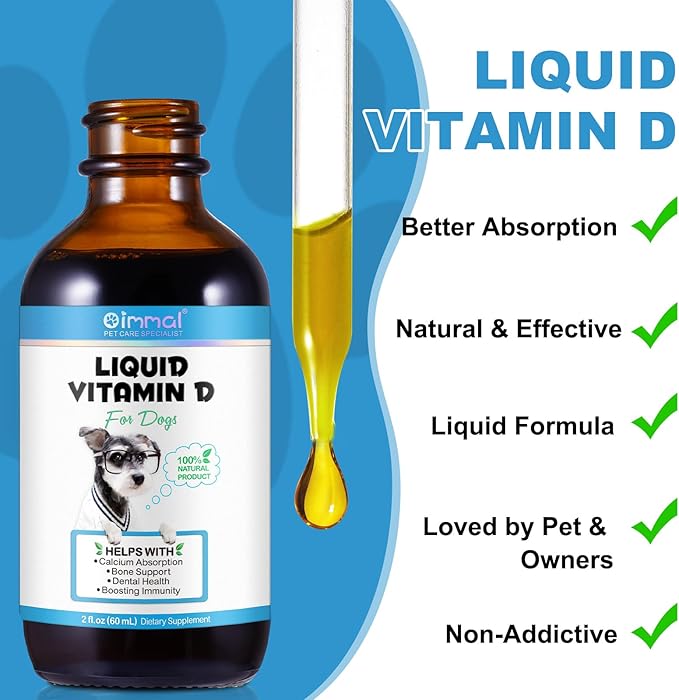 Vitamin D for Dogs, Liquid D for Dogs, Dog Vitamins D Drops Promote Calcium Absorption, Supports Hip & Joint Health and Dog Dental Health - Pet Supplements Liquid Vitamins D, Bacon Flavour - 2 Fl Oz