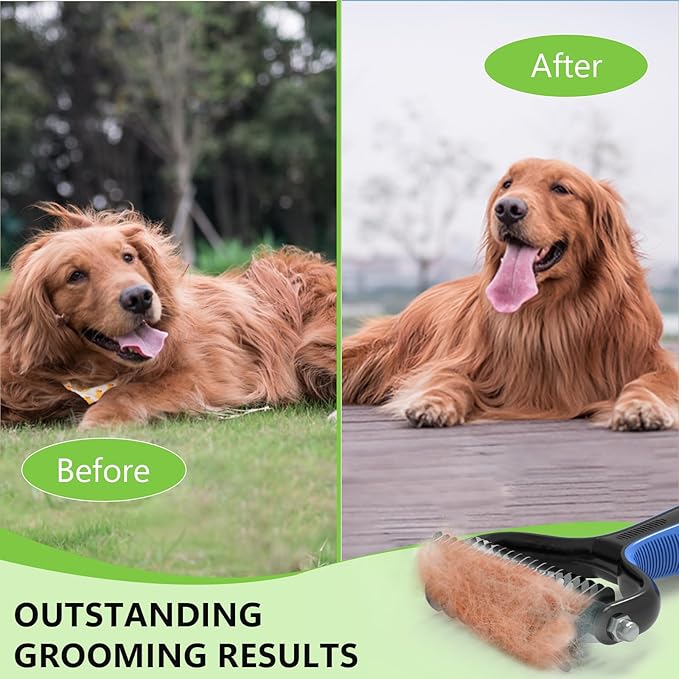 Pet Grooming Supplies - 2-in-1 Professional Undercoat Rake and Pet Brush | Shedding Control for Long-Haired Dogs and Cats, Deshedding Tool, Knot Removal,Blue