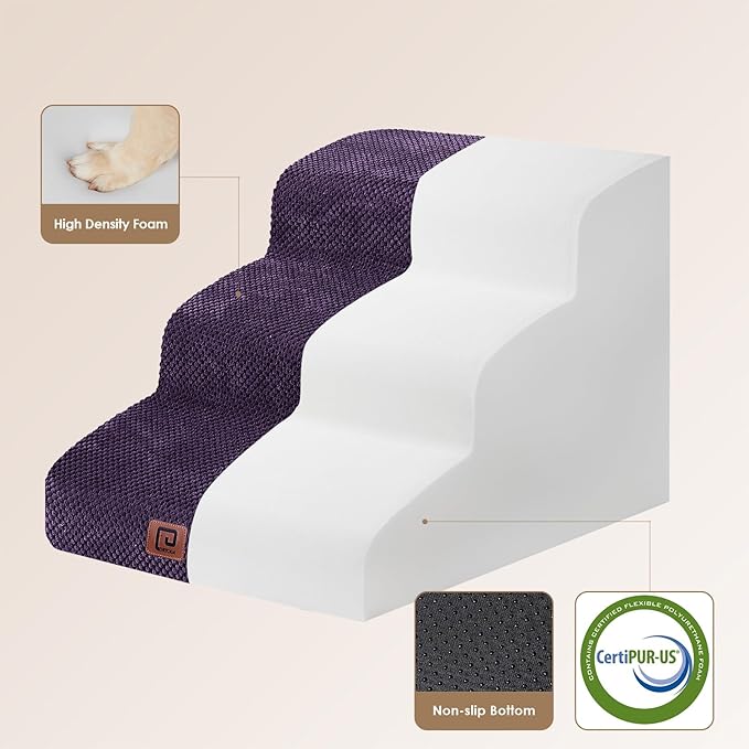 EHEYCIGA Curved Dog Stairs for Small Dogs 15.7" H, 3-Step Dog Steps for Couch Sofa and Chair, Pet Stairs for Cats, Non-Slip Balanced Pet Steps Indoor, Purple