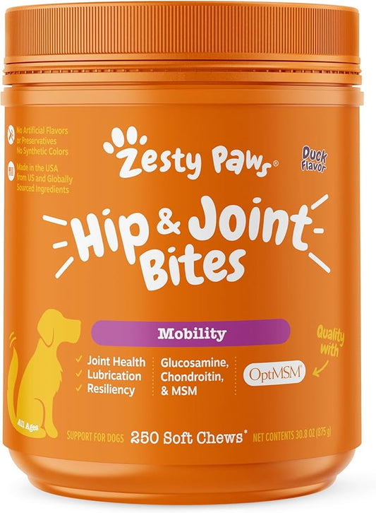 Zesty Paws Hip and Joint Supplement for Dogs - Glucosamine for Dog Joint Supplement - with Chondroitin, MSM, Vitamins C and E for Dog Joint Relief - Mobility Bites Duck – 250 Count