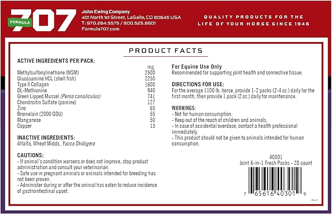 Formula 707 Joint 6in1 Equine Supplement, Daily Fresh Packs – Support for Joint Integrity and Inflammatory Response in Horses – Green-Lipped Mussel, MSM, Glucosamine, Chondroitin & Collagen