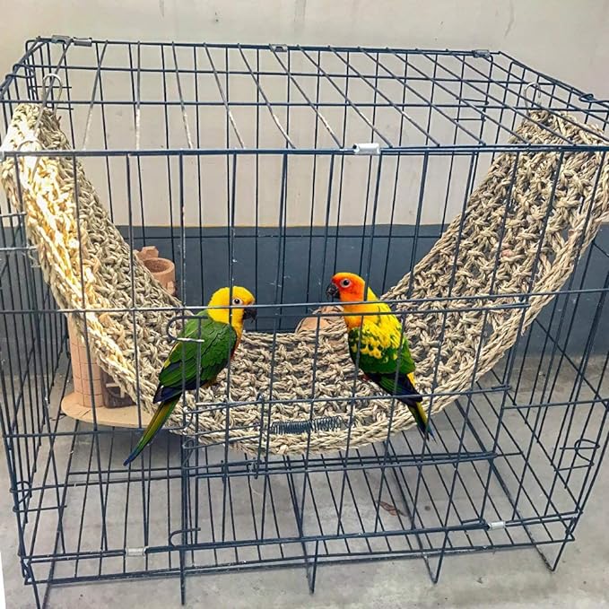 Bird Seagrass Mat 29.5"×7" Parrot Natural Grass Woven Net Hammock Hanging on Cage with Hooks Parakeet Climbing Rope Ladder Chew Toys for Pigeon Cockatiel Conure Budgie Cockatoo Rat