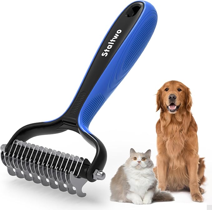 Pet Grooming Supplies - 2-in-1 Professional Undercoat Rake and Pet Brush | Shedding Control for Long-Haired Dogs and Cats, Deshedding Tool, Knot Removal,Blue