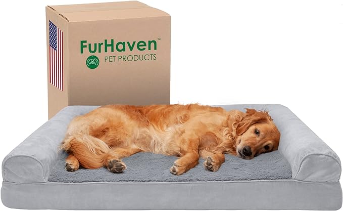 Furhaven Cooling Gel Dog Bed for Large Dogs w/ Removable Bolsters & Washable Cover, For Dogs Up to 95 lbs - Plush & Suede Sofa - Gray, Jumbo/XL