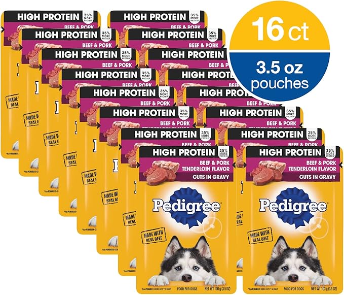 Pedigree High Protein Wet Dog Food Pouches, Beef and Pork Tenderloin Flavor Cuts in Gravy, 3.5 oz. Pouches, 16 Count