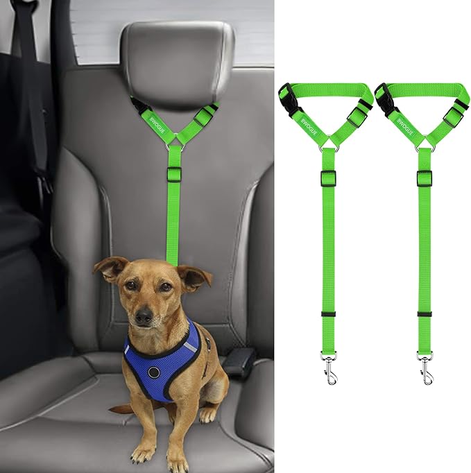 BWOGUE 2 Packs Dog Cat Safety Seat Belt Strap Car Headrest Restraint Adjustable Nylon Fabric Dog Restraints Vehicle Seatbelts Harness Green