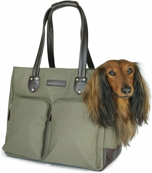 DJANGO Dog Carrier Bag - Waxed Canvas and Leather Soft-Sided Pet Travel Tote with Bag-to-Harness Safety Tether & Secure Zipper Pockets (Medium, Olive Green)