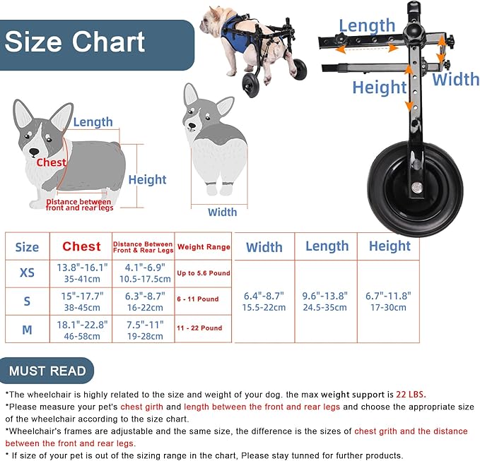 𝑼𝑷𝑮𝑹𝑨𝑫𝑬𝑫 Adjustable Dog Wheelchair, Lightweight Dog Scooter for Back Legs, Max 11 Pound Dogs, Wheelchair for paralyzed Injured Lame Disabled Handicapped Dogs -S