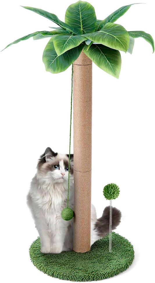 Odoland Cat Scratching Post - Indoor 33 inch Palm Tree Sisal Scratch Posts with Dangling Balls for Kitten and Large Cat - Vertical Scratcher Cute Cat Scratching Post Fun Cat Toy Green