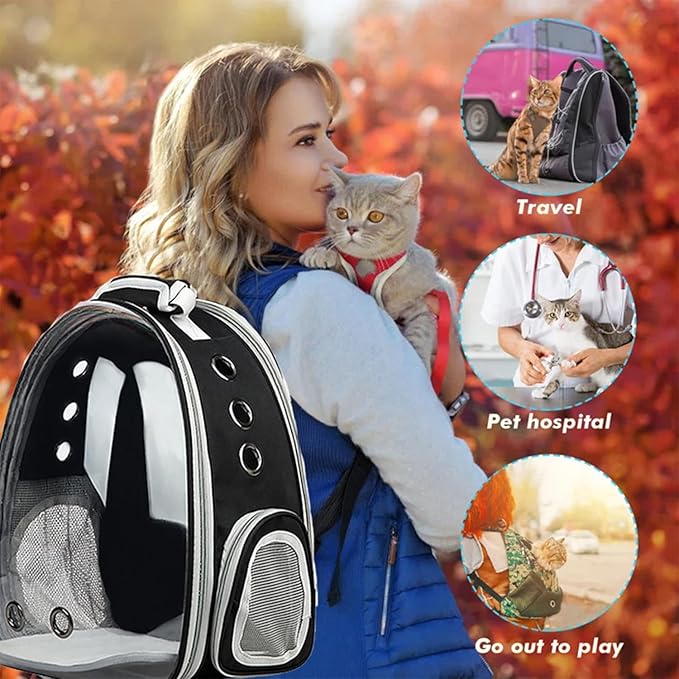 Cat Backpack Carrier, Pet Cat Carrier with Ventilated Design for Carrying Puppy Cats, Pet Carrier Back Pack Bag Space Capsule for Traveling/Hiking/Camping/Outdoors (Black)