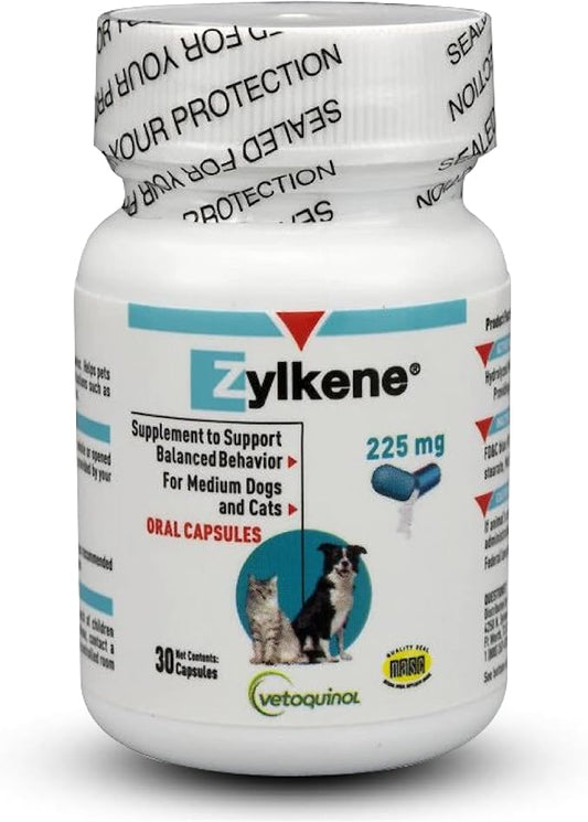 Vetoquinol Zylkene Calming Support Supplement for Medium Dogs 33-65lbs Helps Promote Relaxation and Reduce External Stress Factors, Daily Behavioral Support and Anxiety Relief for Dogs, 225mg