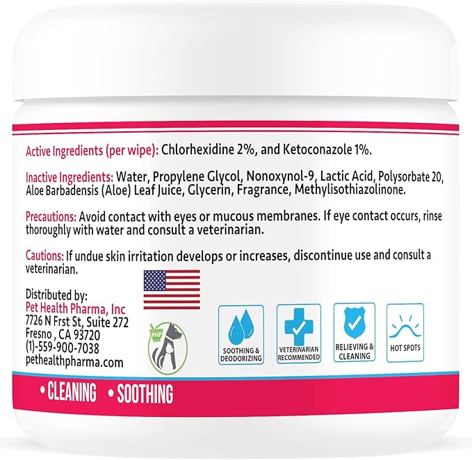 Truseb Topical for Dogs, Cats and Horses - with Aloe for Cleansing (Ketoconazole & Chlorhexidine Wipes, 100 count)