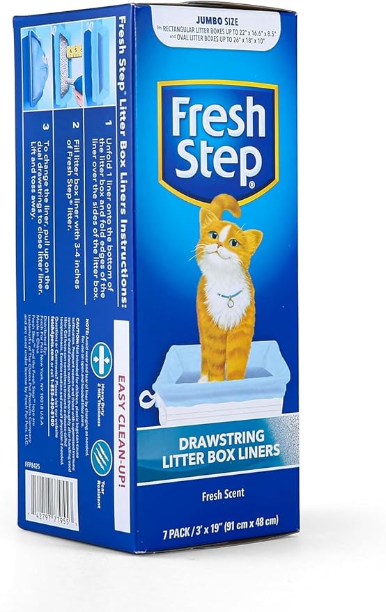 Fresh Step Drawstring Cat Litter Box Liners, Scented, Jumbo Size, 36" x 19" - 7 Count Per Box, 36 Boxes, Kitty Litter Bags, Cat Litter Liners for All Cats to Keep Your Home Clean