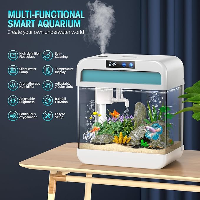 Fish Tank Aquarium 2.2 Gallon with Humidifier 7 Color Auto-Looping Light Self Cleaning 3 in 1 Pump with Filteration & Oxygenation & Circulation, Temperature Display, HD Float Glass, Thickened Base