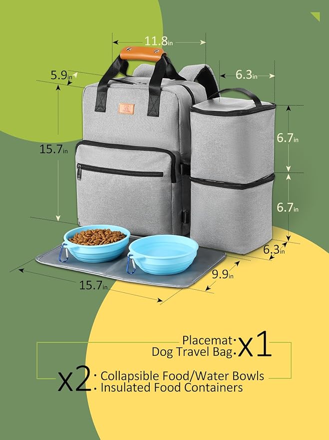 Dog Travel Bag, Airline Approved Organizer Backpack with Multi-Function Pockets, 25L Accessories Set with 2 Food Storage Containers, 2 Foldable Bowls for Weekend