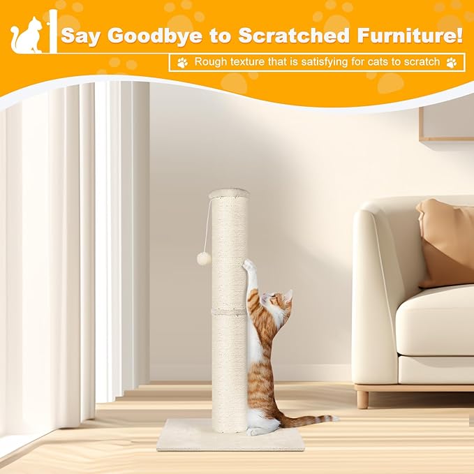 Cat Scratching Post 34 inch Mid, Nature Sisal Cat Scratch Post for Indoor Cats, Large Cat Scratcher Protect Your Furniture, for All Breeds, White