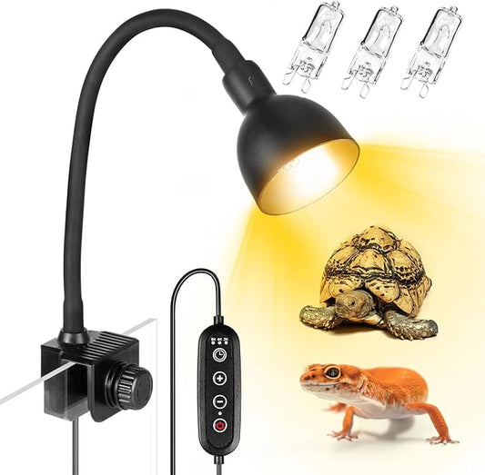 Reptile Heat Lamp Reptile Light with 2 Spare 50W G9 Base Heat Bulb Dimmable Timer 360° Rotatable Hose Basking Heating Fixture for Turtle Bearded Dragon Lizard