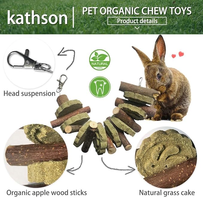 kathson 3 PCS Bunny Chew Toys for Teeth Grinding, Chinchilla Treats Organic Bamboo Sticks Natural Fruitwood Branches for Rabbits Guinea Pigs Hamsters (Fruitwood Sticks+Alfalfa Cakes)