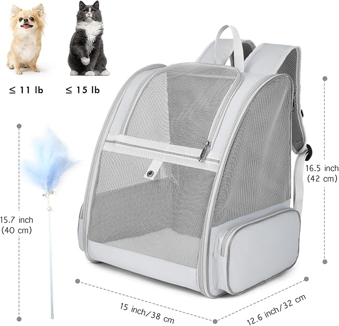 Cat Backpack Carrier, Large Pet Backpack with Cat Wand Feather Toy for Medium Small Dog Cat Puppy Kitten Bunny up to 15lbs, Ventilated Mesh Dog Travel Backpack for Hiking Walking Outdoor Use (Grey)