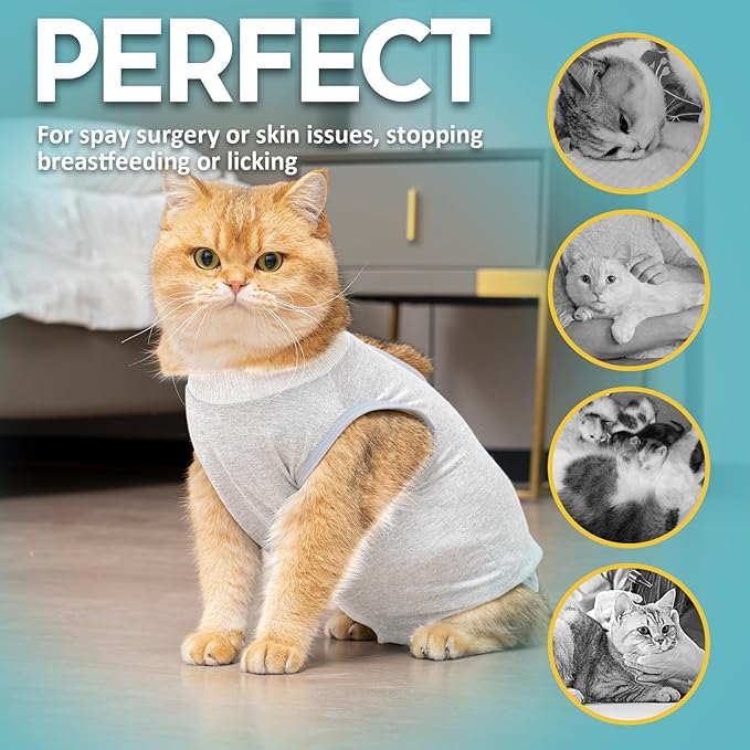 Avont 2 Pack Cat Recovery Suit - Kitten Onesie for Cats After Surgery, Surgical Spay Recovery Suit Female for Abdominal Wounds or Skin Diseases Protection -Grey/Dark Grey(S)