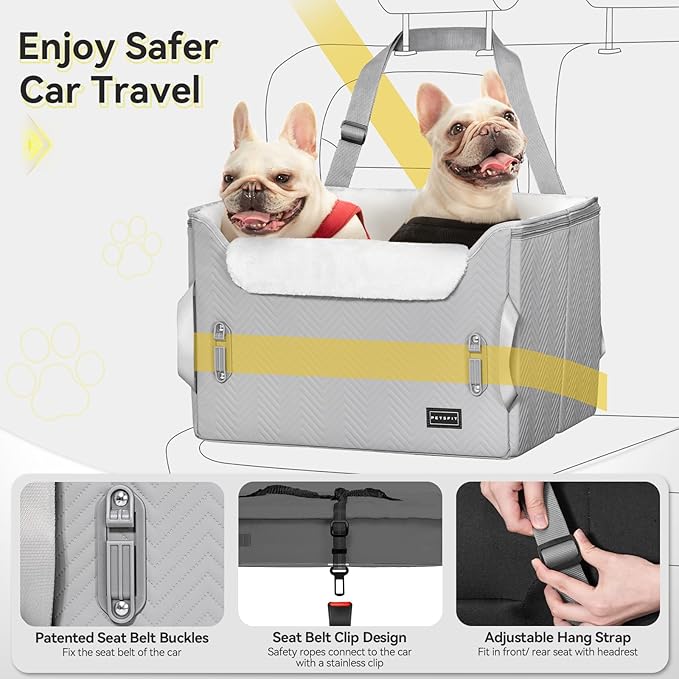 PETSFIT Dog Booster Car Seat, Waterproof PU Leather Car Seat for Dogs with Patent Safe Buckles, 2 Clip-On Safety Leashes, Suitable for 2 Small Dogs or a Medium Dog (Medium, Grey)