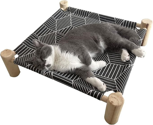 Pozico Cat/Dog Bed Hammock Cat Bed, Wooden Dog Elevated Indoor Outdoor Beds, Raised Cat Cots Furniture Pet Bed Puppy Bed Portable Breathable Mesh Cat Beds for Small Animals-Black Diamond