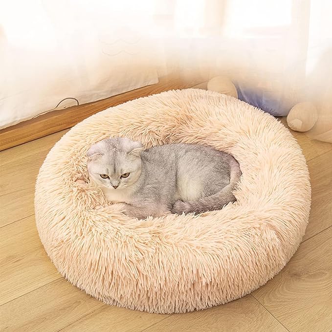 Cat Beds for Indoor Cats - Cat Bed Washable 24 inches, Dog Beds for Small Medium Dogs, Anti Anxiety Round Fluffy Plush Faux Fur Cat Bed, Thick Bottom (Large, Tan)