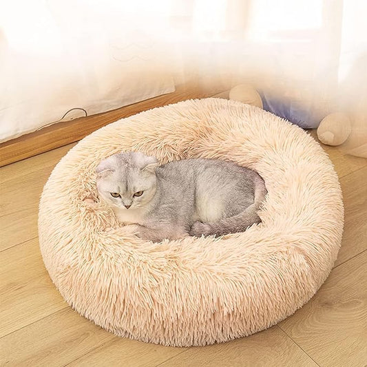 Cat Beds for Indoor Cats - Cat Bed Washable 24 inches, Dog Beds for Small Medium Dogs, Anti Anxiety Round Fluffy Plush Faux Fur Cat Bed, Thick Bottom (Large, Tan)