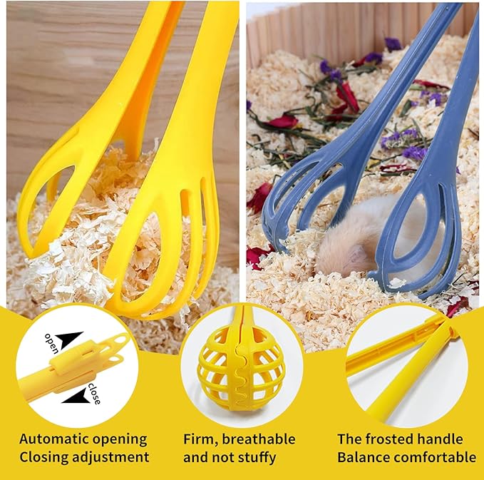 Andiker Anti-Bite Hamster Clips, 2Pcs Hamster Catcher with Long Handle to Pick Up The Small Pet, Observe Hamsters, Clean The Hamster Bedding, Hamster Accessories for Beginners (Yellow+Blue)