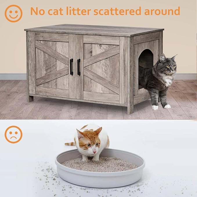 Cat Litter Box Enclosure,Litter Box Furniture Hidden with Barn Door,Wooden Cat Washroom Furniture,Cat House,Fit Most of Litter Box, Greige