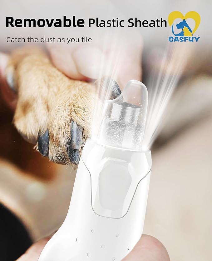 Casfuy Dog Nail Grinder Quiet - (45db) 6-Speed Pet Nail Grinder with 2 LED Lights for Large Medium Small Puppy Dogs/Cats, Professional 3 Ports Rechargeable Electric Dog Nail Trimmer with Dust Cap