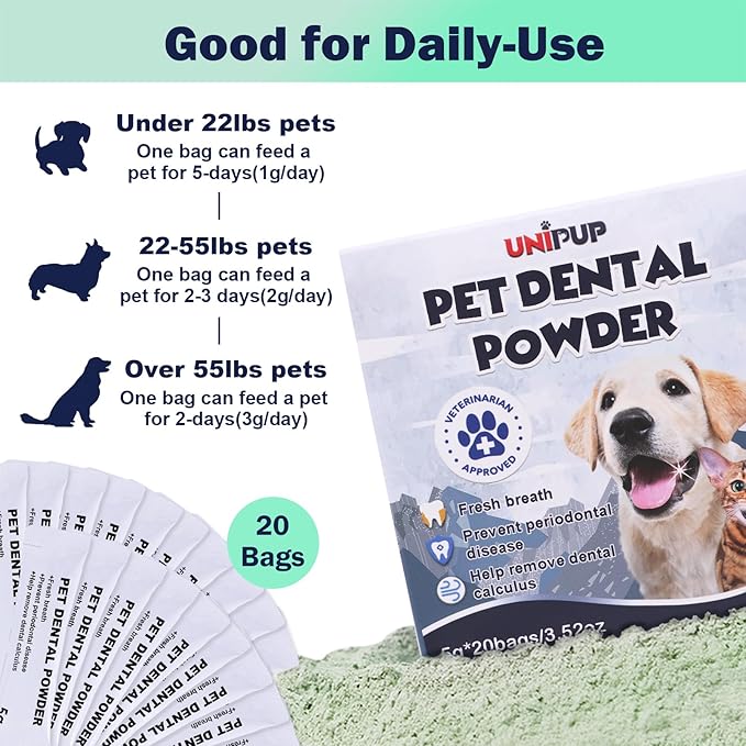 Pet Teeth Cleaning Powder, Brown Seaweed Dog Breath Fresh Powder Effective Dog Plaque and Tartar Remover, Compound Probiotics for Pets Dog Bad Breath Treatment Powder - 5g*20 sachets