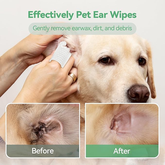 Dog Ear Cleaner, Dog Ear Wipes Finger Ear Cleaner Wipes for Dogs & Cats, Gently Eliminate Ear Wax,Debris and Odor, Relieve Ear Itching &Inflammation,Natural Ingredients - 50 Count