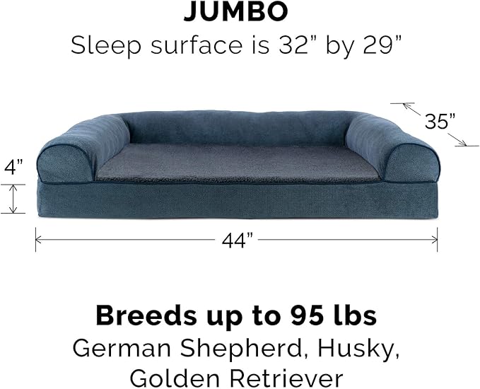 Furhaven Memory Foam Dog Bed for Large Dogs w/ Removable Bolsters & Washable Cover, For Dogs Up to 95 lbs - Sherpa & Chenille Sofa - Orion Blue, Jumbo/XL