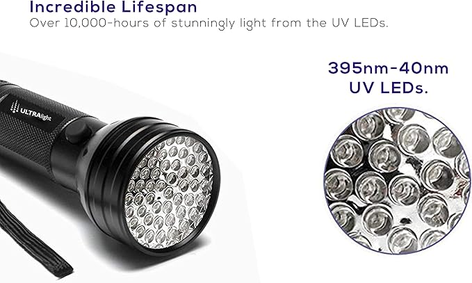 ULTRAlight UV Flashlight Black Light, 51 LED 395 nM - Detector for Pet Urine, Pet Stains and Bed Bugs