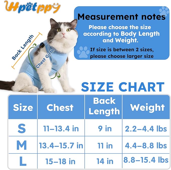 Cat Recovery Suit, Kitten Surgical Bodysuit for Abdominal Wound Anti Licking After Surgery, Pet Surgical Recovery Snugly Suit Cat Spay Recovery Suit Female for Small Male Female Cats Blue L