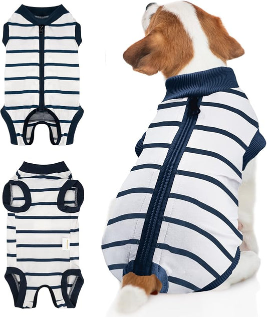 BENCMATE Dog Recovery Suit, After Surgery Dog Recovery Onesie, Professional Pet Zip Up Recovery Shirt Dog Abdominal Wound Bandages, Substitute E-Collar & Cone, Dog Onesie (XXLarge,Breton Stripes)