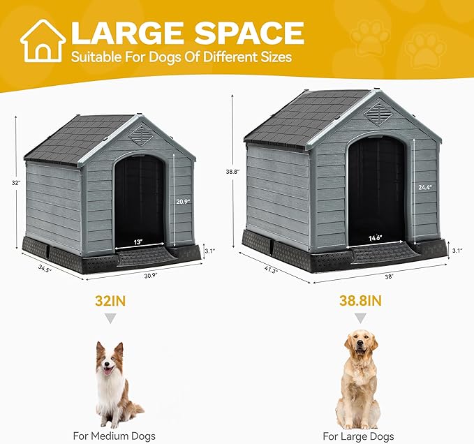 DWVO Spacious and Durable Dog House for Small to Medium Dogs, Indoor & Outdoor Use, Weather Resistant, Easy to Assemble (34.5''L*30.9''W*32''H, Black)