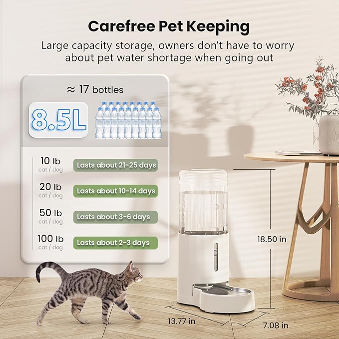 CZPET Automatic 8.5L Dog and Cat Water Dispenser with Stainless Steel Bowl Gravity Waterer,100% BPA-Free,Large Capacity and Drinking Area Noise-Free for Pets