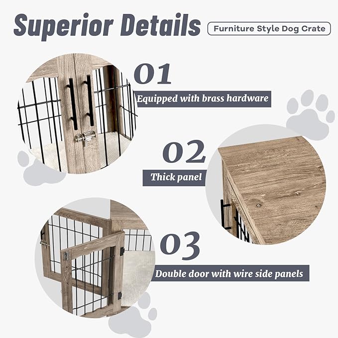 Dog Crate Furniture with Bed, Wooden Dog Kennel Furniture End Table Dog Crate with 3 Doors, Indoor Solid Wood Dog Cage