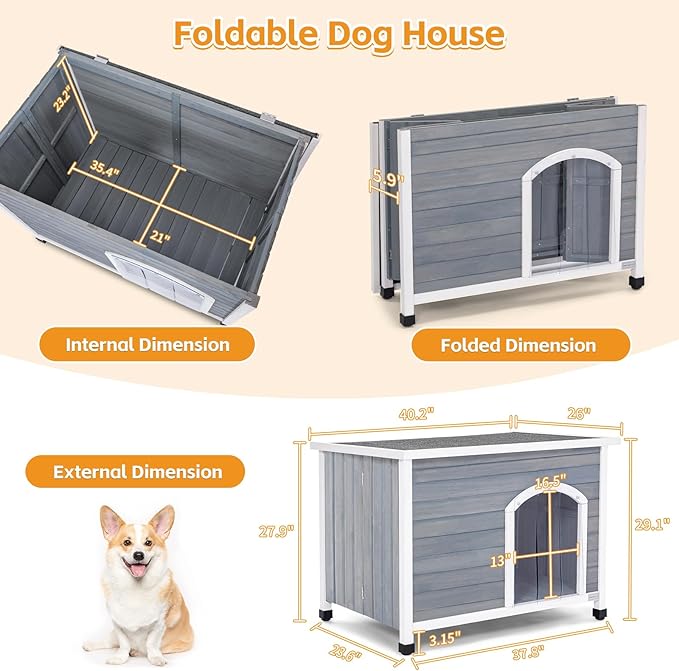 Petsfit 40.2" Dog house, Outside Dog House Weatherproof, No Tools Required Assembly, Folding Dog House Outdoor, Unfold to Use, Outdoor Dog House with Door Flap (Medium, Grey)