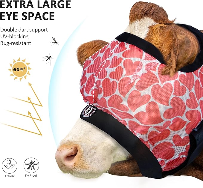 Harrison Howard Cattle Livestock Fly Mask Breathable Mesh Padded Edging with Fun Patterns Large Spacing Forelock Opening Design Adjustable Fit for Cattle Heart