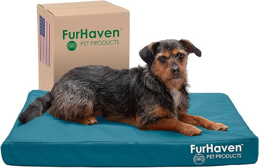 Furhaven Water-Resistant Cooling Gel Dog Bed for Medium/Small Dogs w/ Removable Washable Cover, For Dogs Up to 35 lbs - Indoor/Outdoor Logo Print Oxford Polycanvas Mattress - Deep Lagoon, Medium