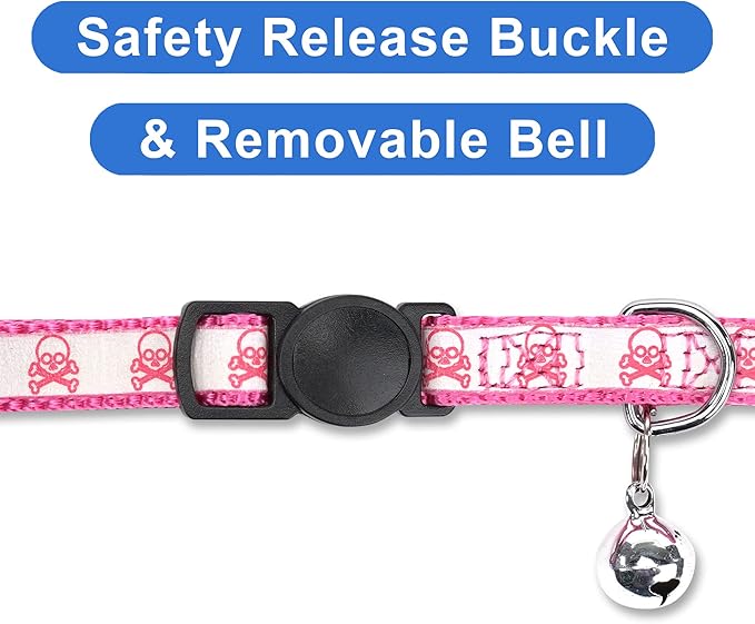 Pawtitas Halloween Cat collars for cats adjustable collar glow in The dark feature and Safety breakaway Buckle and Removable Bell to match your halloween cat's costume - Pink Skulls Pattern